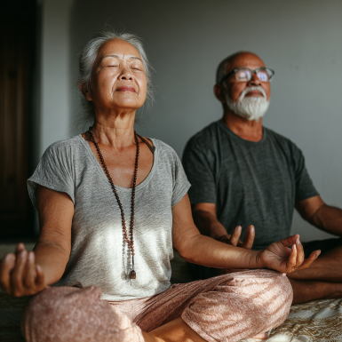 Grupo de personas mayores practicando yoga en un ambiente sereno